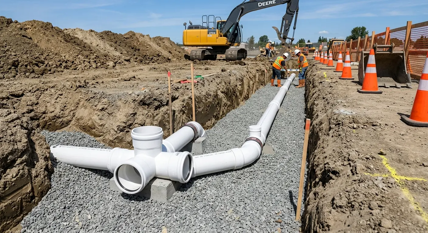 New PVC sewer pipe installation in open trench for Sewer Backup in Whitestown