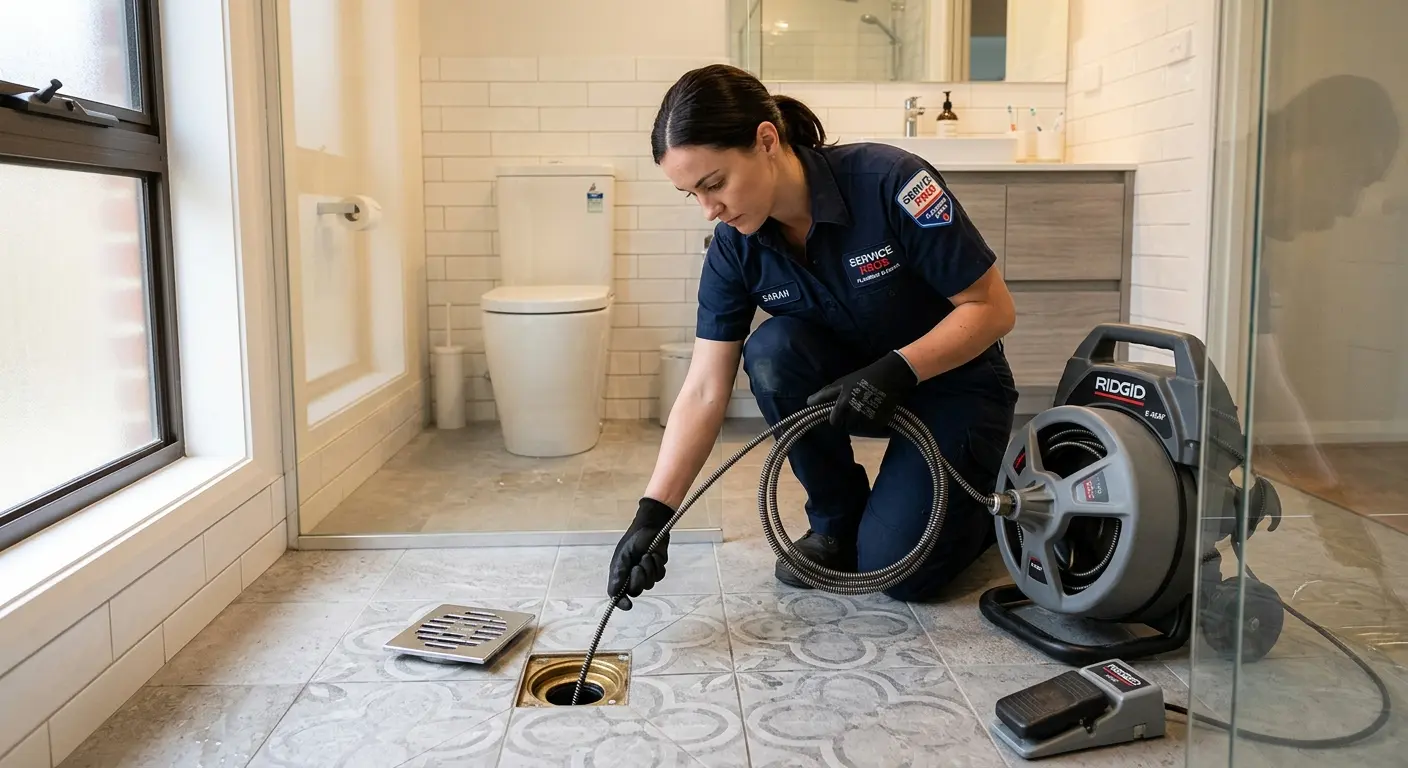 Technician clearing a bathroom floor drain for Clogged Drain Repair in Whitestown